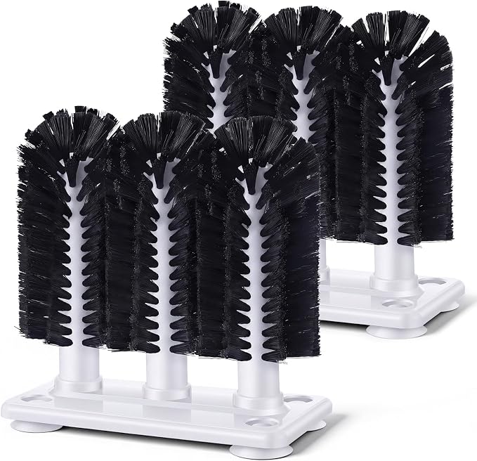 Havawish 2 Pack Water Bottle Cleaning Brush with Suction Base, 3 Head All Black Bristles Bar Glass Washer for Sink, Cup Washer Brush Cleaner for Bar Beer Cup, Wine Glass(7.3 x 3.4 x 7.5)
