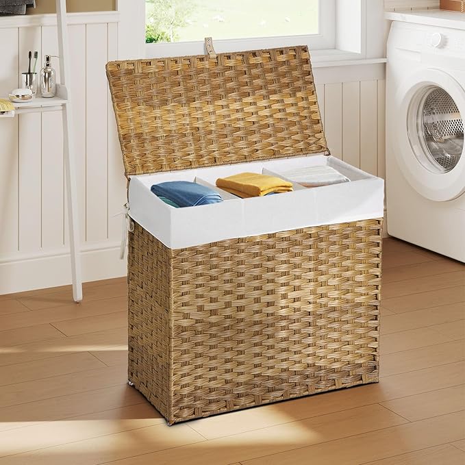 Greenstell Laundry Hamper with Lid, 125L Wicker Laundry Baskets with 2 Removable Liner Bags & 5 Mesh Laundry Bags, Handwoven Rattan Clothes Hamper with Handles for Clothes in Bathroom, Bedroom