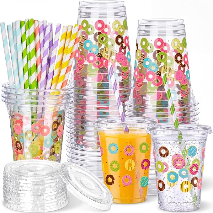 Domensi 25 Sets Donut Themed Plastic Cups with Lids and Paper Straws 12oz Colorful Disposable Drinking Cups Bulk for Cold Drinks Baby Shower Wedding Picnic Summer Theme Birthday Party Supplies
