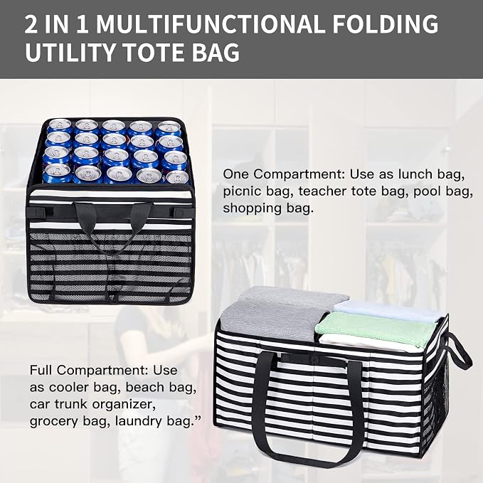 Extra Large Utility Tote Bag with Wire Frame Reusable Grocery Bags Foldable Heavy Duty Shopping Bags for Groceries Collapsible Totes with Handles for Carrying Heavy Loads Storage Car Trunk