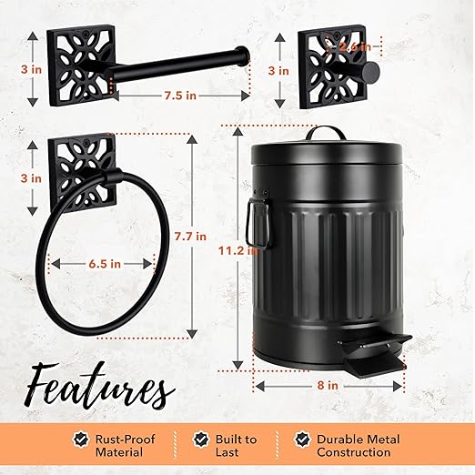 Autumn Alley Matte Black Farmhouse Bathroom Set – 5-Piece Hardware Kit with Towel Ring, TP Holder, Hooks & Metal Step Trash Can with Lid for Rustic, Modern Bathroom Décor