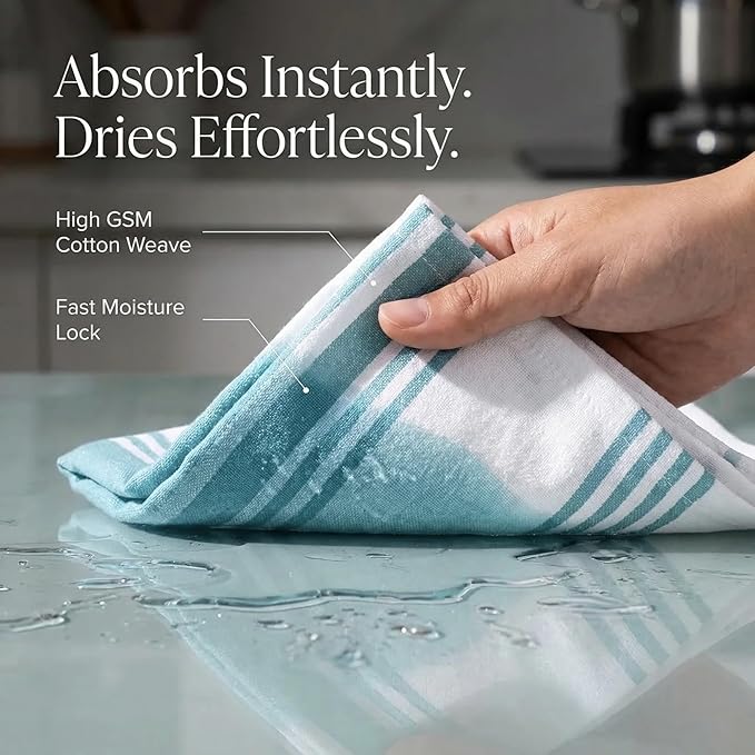 Urban Villa Kitchen Towels 100% Cotton Dish Towels for Kitchen (Set of 6) 20”x30” Dish Cloths Highly Absorbent Kitchen Linen Set with Hanging Loop Perfect for Drying Dishes Cleaning Towels-Aqua White