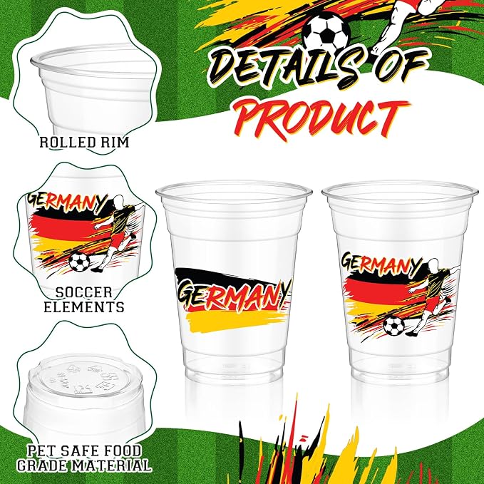 Jingmore 50 Pcs Soccer Plastic Cups 12 oz International Countries Soccer Disposable Plastic Cups Thick Clear Drinkware for Sports Games Party Supplies (Germany)