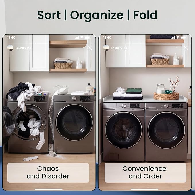 Premium Washer Dryer Countertop 54" W x 27.5" D x 3.1" H, One Solid Base Board Laundry Room Topper with Edge Rails, Washing Machine Top, Painted Finish, Anti-Slip Feet, Engineered Wood, White Color