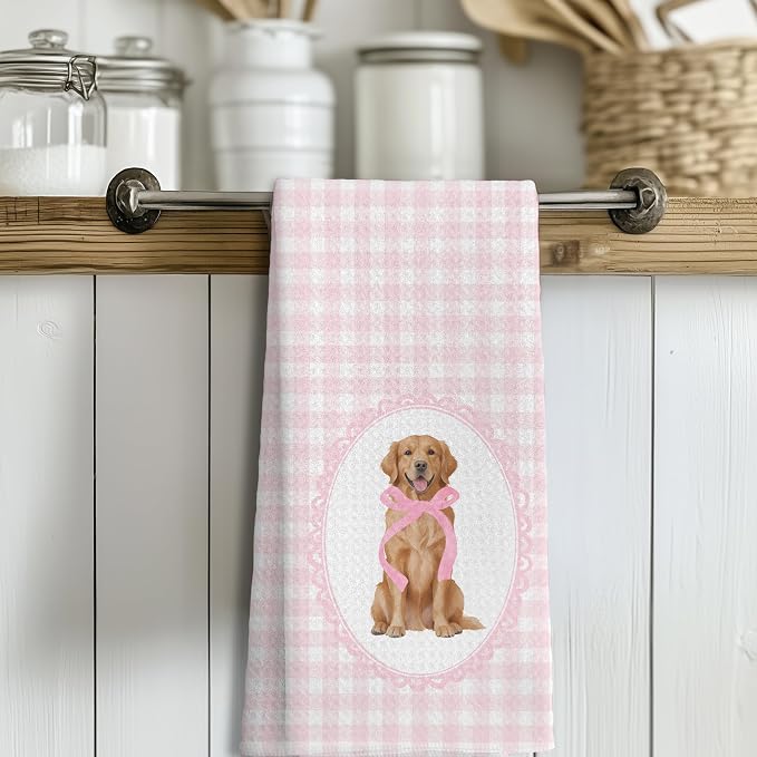 Coquette Pink Bow Golden Retriever Gifts Kitchen Hand Towels for Bathroom，Coquette Pink Golden Retriever Girly Bathroom Kitchen Decor,16x24 Inch