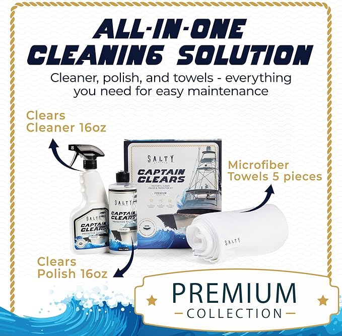 Salty Captain Clears Clean & Polish Kit – Isinglass Cleaner & Boat Polish – 16.9oz Cleaner, 16.9oz Polish & 5 Microfiber Towels – Restores Clarity & Shine to Strataglass, Polyvinyl & Marine Clears