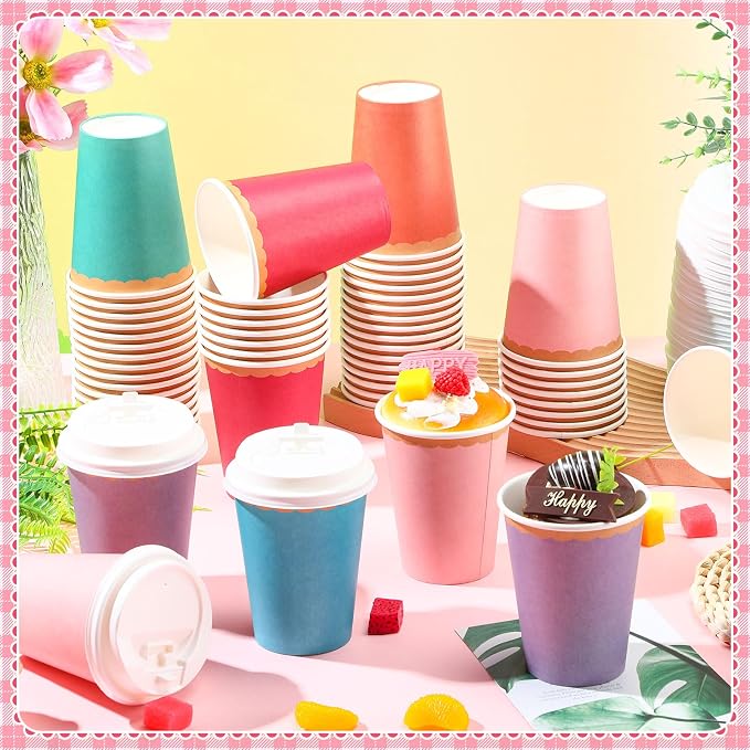 Willinglong 60 Pcs Fall Disposable Paper Cups with Lids 12oz Thanksgiving Coffee Cups with Golden Lace Drinkware for Birthday Baby Shower Bride Holiday Party Business Events DIY Supplies(Candy Colors)
