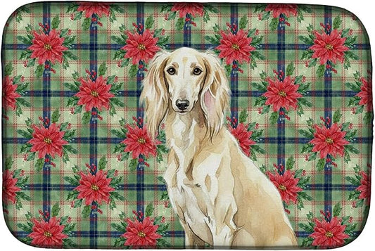 Caroline's Treasures Cream Saluki Christmas PoinsettIas Dish Drying Mat Absorbent Dish Drying Mat Pad for Kitchen Counter Dish Drainer Mat for Countertop, 14 x 21", Multicolor