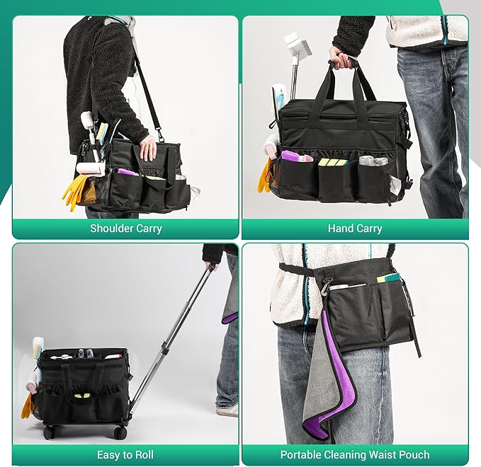 Large Rolling Cleaning Caddy Bag w/Detachable Trolley & Lid - Portable Cleaning Cart on Wheels w/Shoulder Strap & Waist Pouch - Cleaning Supplies & Tool Organizer for Home, Office, Car (Black)