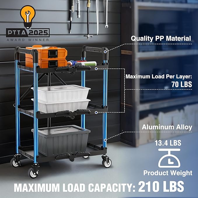WORKPRO 3-Tier Collapsible Service Cart, Black/Blue, 210 LBS Foldable Utility Cart with Wheels, Portable Rolling Tool Cart for Garage, Warehouse, Home, Restaurant and Office (No Assembly Required)