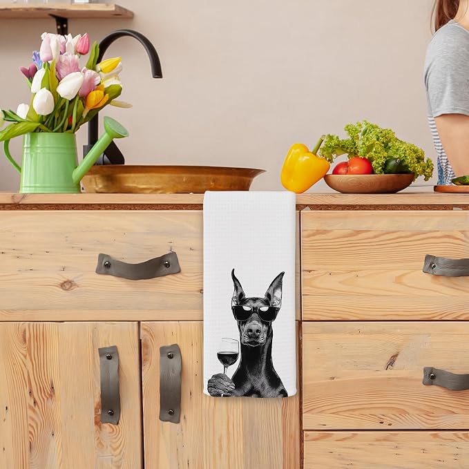 Funny Doberman Wine Kitchen Towels, Gifts for Dog Wine Lovers, Bar Accessories Dish Tea Towels for Kitchen, Dog Owners Housewarming Gift Decorative Hand Towel 16x24 Inch