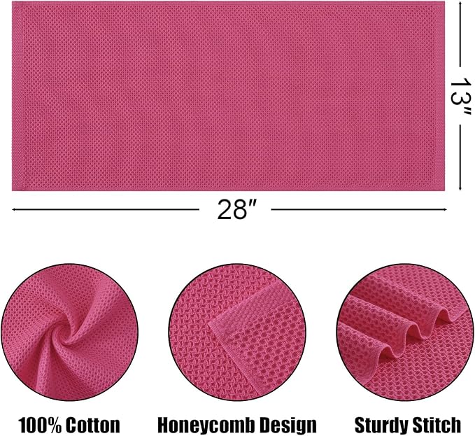 Kitinjoy 100% Cotton Waffle Weave Kitchen Hand Towels (13 X 28 Inches, Hot Pink), 4-Pack Super Soft and Absorbent Dish Towel for Drying Dishes