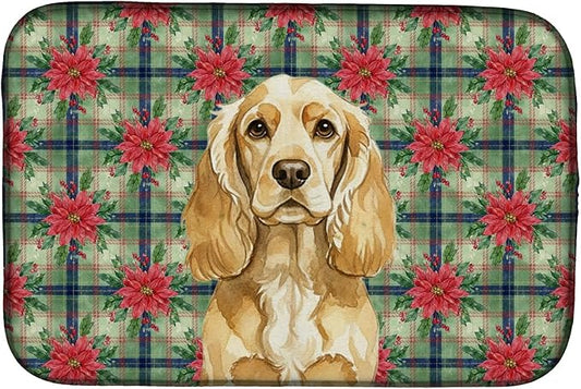 Caroline's Treasures Buff Cocker Spaniel Christmas PoinsettIas Dish Drying Mat Absorbent Dish Drying Mat Pad for Kitchen Counter Dish Drainer Mat for Countertop, 14 x 21", Multicolor