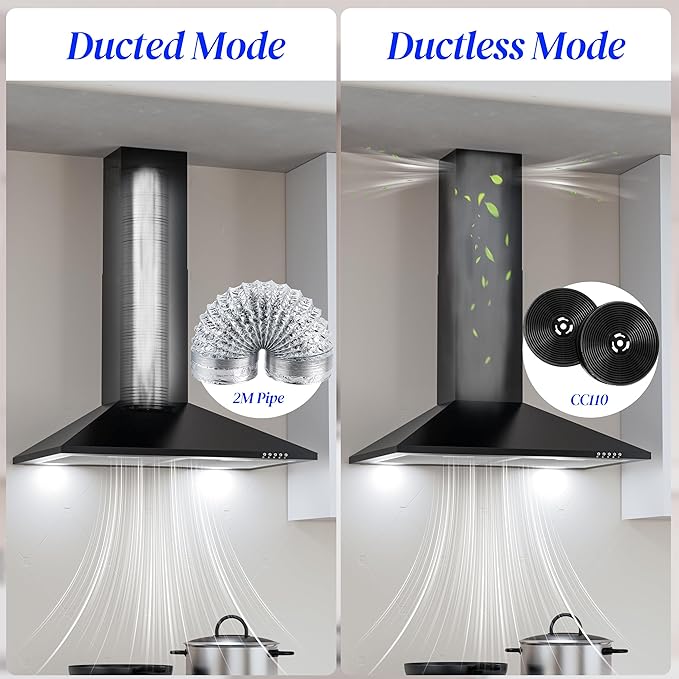 FIREGAS Black Range Hood 30 inch, Wall Mount Range Hood with LED Lights, 3-Speed Exhaust Fan, Ducted/Ductless Convertible, Aluminum Mesh Filters, Button Control, Black Kitchen Hood