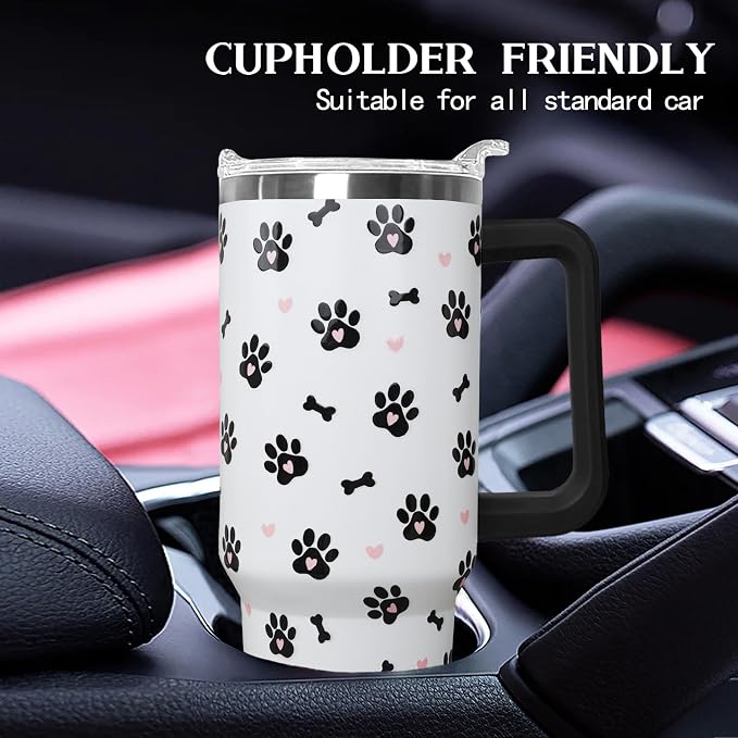 40oz Dog Paw Flip Tumbler with Handle & Straw, Vacuum Insulated Stainless Steel Flip Top Water Bottle, Cute Dog Paw Print Travel Mug, Dog Lover Gifts for Women, Pet Themed Tumbler for Car Cup Holder