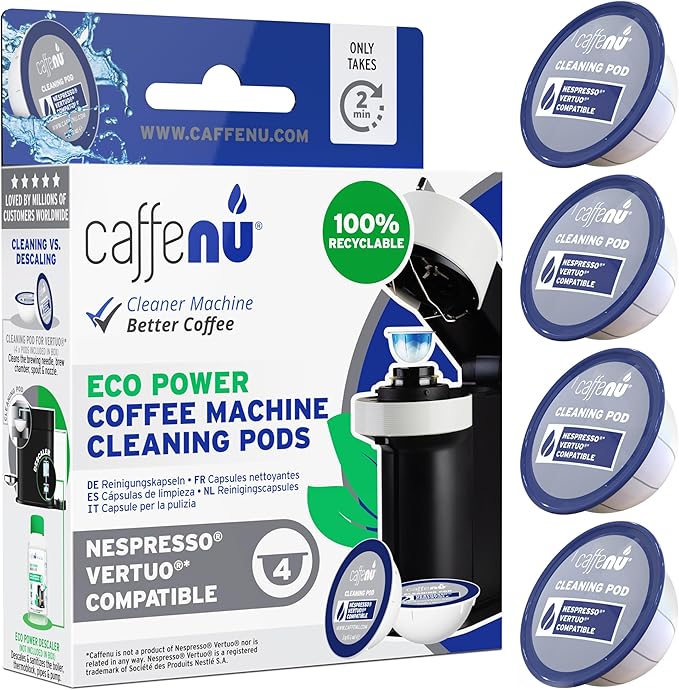 Nespresso Compatible Descaling and Cleaning Kit. 2 Bottles of Nespresso Vertuo Descaler Solution. 4 Cleaning Pods