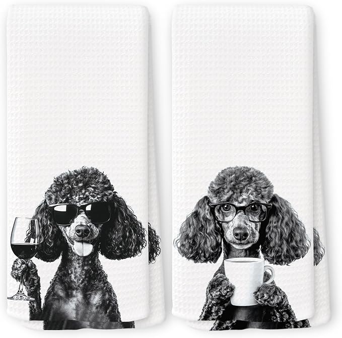 Funny Black Poodle Kitchen Towels Set of 2, Wine and Coffee Lover Gifts, Bar Accessories Dog Dish Tea Towels for Kitchen, Housewarming Gift Cute Animal Decorative Hand Towel 16x24 Inch
