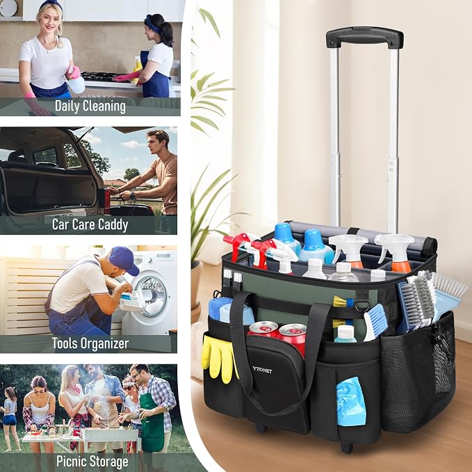 Ytonet Cleaning Caddy with Wheels, Large Rolling Caddy Bag with Detachable Trolley for Housekeepers, Water Resistant Cleaning Cart Supplies Organizer for Home, Car, Tool Organizer, Mobile Storage