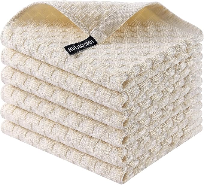 Homaxy 100% Cotton Terry Kitchen Dish Cloths, Ultra Soft Absorbent Dish Towels with Hanging Loop, Pineapple Grid Designed, 12 x 12 Inches, 6-Pack, Beige