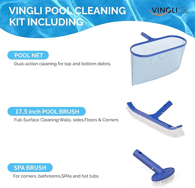 VINGLI 3-in-1 Pool Cleaning Kit, Pools Maintenance Equipment with Pool Net, Pool Brush and SPA Brush, Pool Maintenance Tools for Inground&Above Ground Swimming Pools