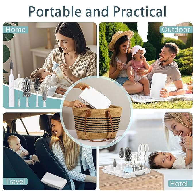 Zooawa Electric Baby Bottle Brush Cleaner,7in1 Travel kit with Rechargeable 90°Folding Elctric Bottle Cleaner & Drainage Box,Food-Grade Silicone,Long Battery Life,Nipple Brush,Straw Brush