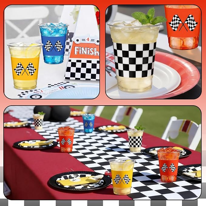 Dandat 100 Pack Race Car Party Plastic Cups 12 oz Blue Red Yellow Checkered Flag Disposable Clear Drinking Cups for If You Ain't First You're Last Birthday Fast One Party Supplies Favors