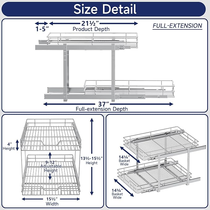 2-Tier Pull Out Cabinet Organizer, 15.5" W x 21.5" D, Heavy Duty Dual Slide Out Shelves for Base Cabinets, Chrome Wire Basket Drawer for Pantry, Kitchen & Bathroom Storage