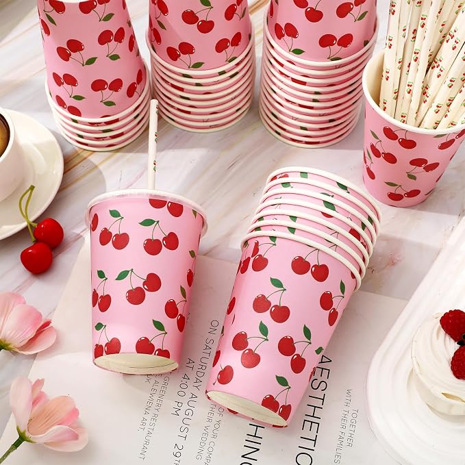 50 Sets Cherry Paper Cups with Paper Straws Plastic Lids 12OZ Red Pink Cherry Disposable Coffee Tea Cups for Summer Fruit Birthday Party Juice Drink Beverage Bar Supplies