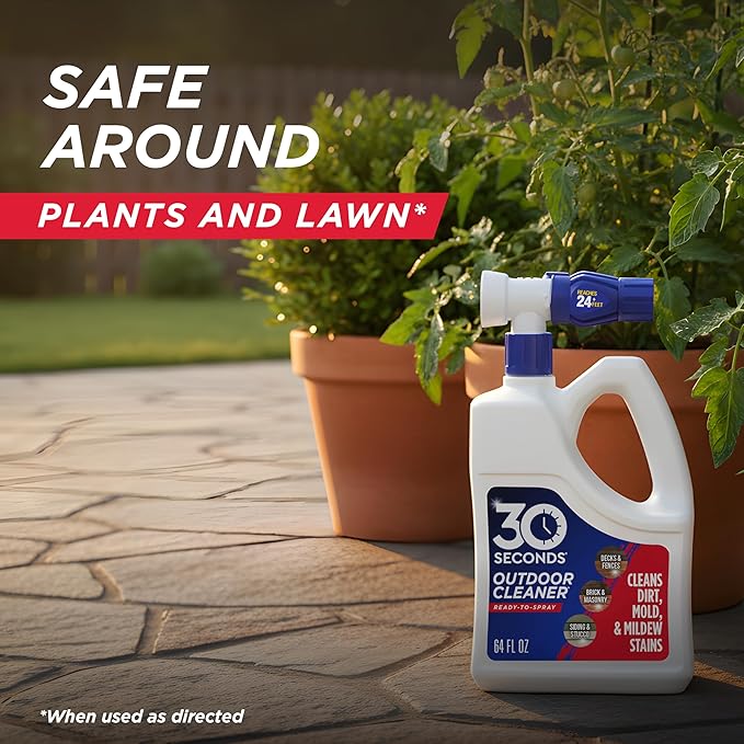 30 Seconds Outdoor Cleaner | Cleans Moss Stains from House, Vinyl Siding, Deck, Patio, Fence - 3 Capped Bottles, 1 Hose End Spray Attachment (64 Fl Oz (Pack of 3)