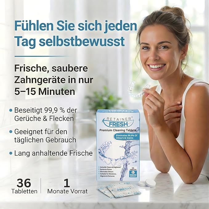 Retainer Fresh Retainer Cleaner Tablets - Denture Cleaner, Retainer Cleaning Tablets, Mouth Guard Cleaner, Aligner Cleaner, Brite Retainer Tablets 36 Tablets 1 Month