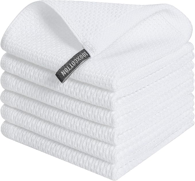 Kitinjoy 100% Cotton Kitchen Dish Cloths (12 X 12 Inches, White), 6 Pack Waffle Weave Ultra Soft Absorbent Dish Towels for Drying Dishes Quick Drying Kitchen Towels Dish Rags