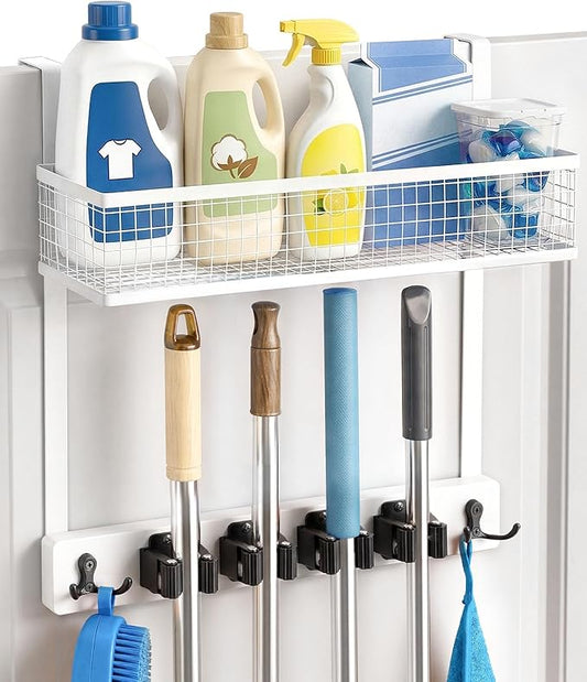 Lorbro Over the Door Broom Holder with Cleaning Supply Organizer, Wooden Mop and Broom Holder Wall Mount, 4 Grips, 4 Hooks, No-Drill Storage Rack, Mop Hanger for Laundry Room, Garage, Storage