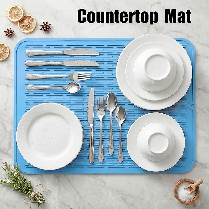 MicoYang Silicone Dish Drying Mat for Multiple Usage,Easy clean,Eco-friendly,Heat-resistant Silicone Mat for Kitchen Counter or Sink,Refrigerator or Drawer Liner Light Blue 2XL 24 inches x 18 inches