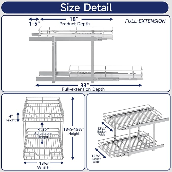 2-Tier Pull Out Cabinet Organizer, 13.5" W x 18" D, Heavy Duty Dual Slide Out Shelves for Base Cabinets, Chrome Wire Basket Drawer for Pantry, Kitchen & Bathroom Storage