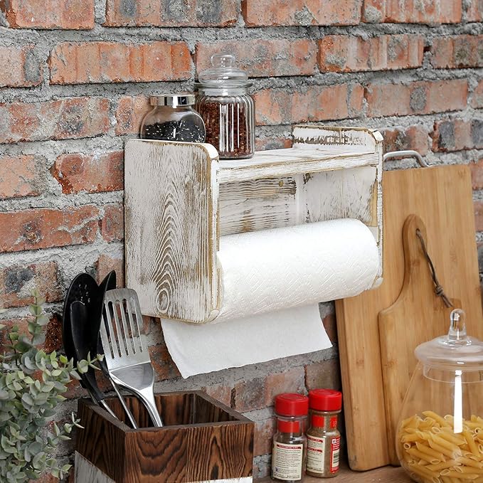 MyGift Farmhouse Paper Towel Holder, Shabby Whitewashed Wood Farmhouse Wall Mounted Kitchen Napkin Dispenser Rack with Top Storage Shelf Spice Racks
