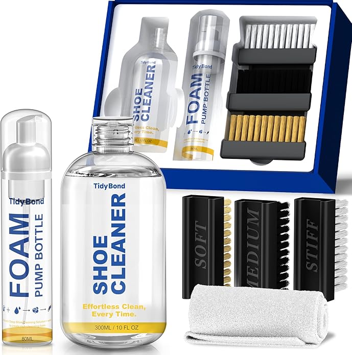 Shoe Cleaner Kit for Sneakers – 10.6oz Premium Shoe Cleaning Set with 3 Brushes & Microfiber Towel, Sneaker Cleaner for White Shoes, Boots, Leather, Suede, Canvas, Mesh, PU & Fabric