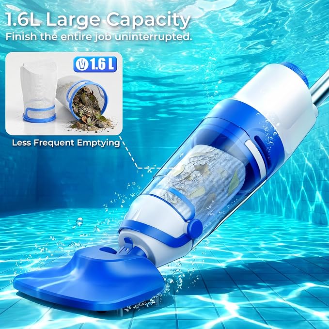 Pool Vacuum for Above Ground Pool, 1427 GPH Powerful Stable Suction, Telescopic Pole up to 90.7", 1H Runtime, Cordless Pool Vacuum for Inground Pools, Extra-Large Filter, Ideal for Leaves/Sand/Debris