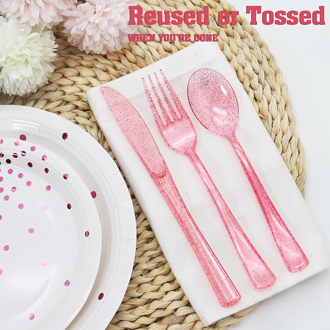 150 Pcs Pink Silverware Set Heavy Duty Pink Plastic Silverware - 50 Forks, 50 Knives, 50 Spoons for Brithday, Valentine's Day, Wedding, Baby Shower, Bridal Shower