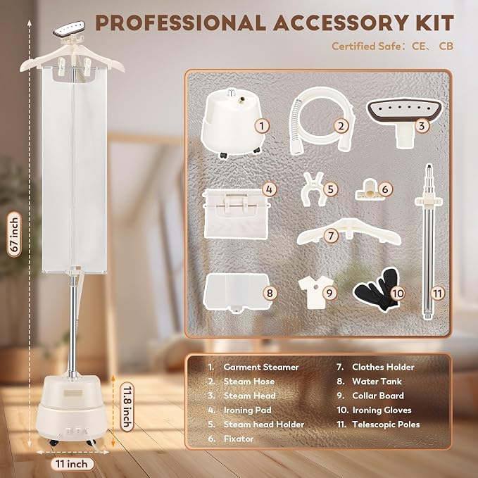 CGOLDENWALL Commercial Upgraded Standing Garment Steamer for Clothes with Drain Port 1650w Continuous 70 mins Powerful Steam 30s Fast Heat-up,Include Fabric brush, Ironing pad, Gloves,Trouser Clips