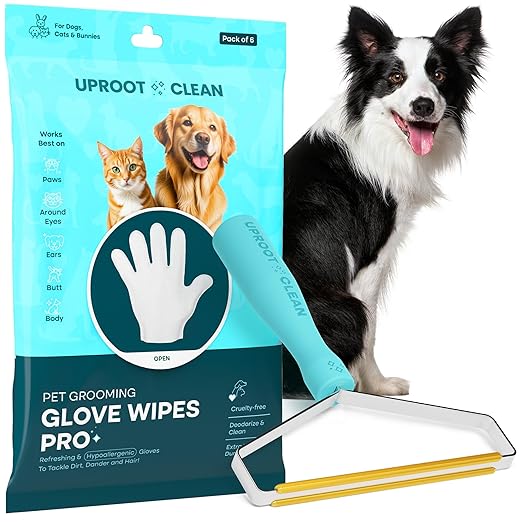 Uproot Cleaner Pro Pet Hair Remover + Clean Glove Wipes Pro (6 Pack) Set: The Ultimate Pet Hair Removal Tool for Non-Knit Surfaces & Extra-Thick Dog & Cat Wipes for Paws, Eyes, Ears, Butt & Body