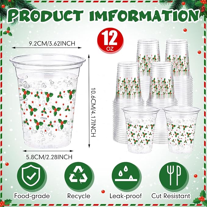 Jingmore 100 Pcs Christmas Plastic Cups 12 oz Holly Berry Red Green Leaves Disposable Clear Plastic Drinking Cups Bulk for Xmas Winter Holiday Party Decorations Supplies