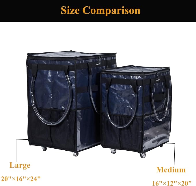 Reusable Grocery Bag On Wheels Large Capacity Shopping Trolley Foldable Rolling Tote with Outside Pocket, Heavy Duty Handle (Blue, Large)