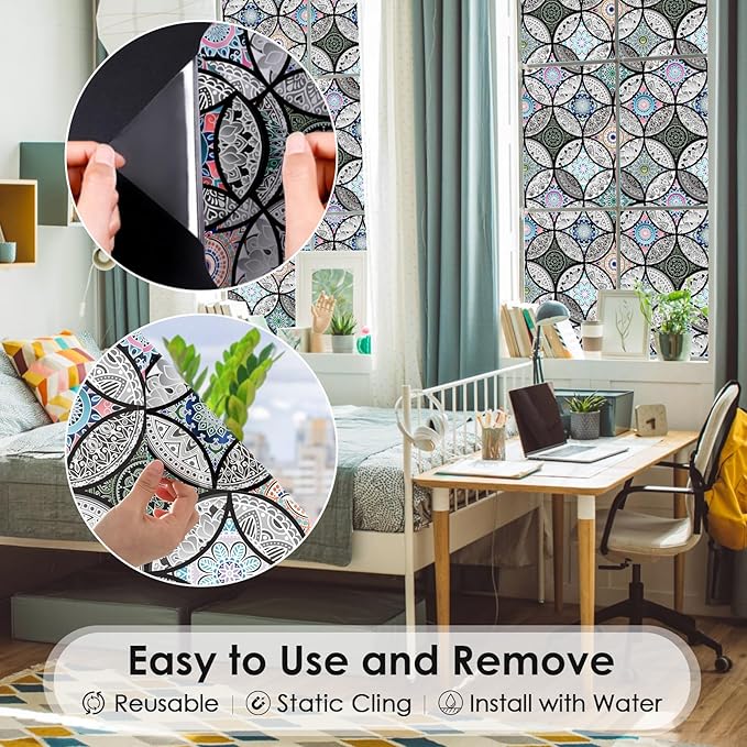DKTIE Static Cling Decorative Window Film with Installation Tools Non Adhesive Privacy Film, Stained Glass Window Film for Bathroom Shower Door Heat Cotrol Anti UV 35.4 x 78.7 Inch