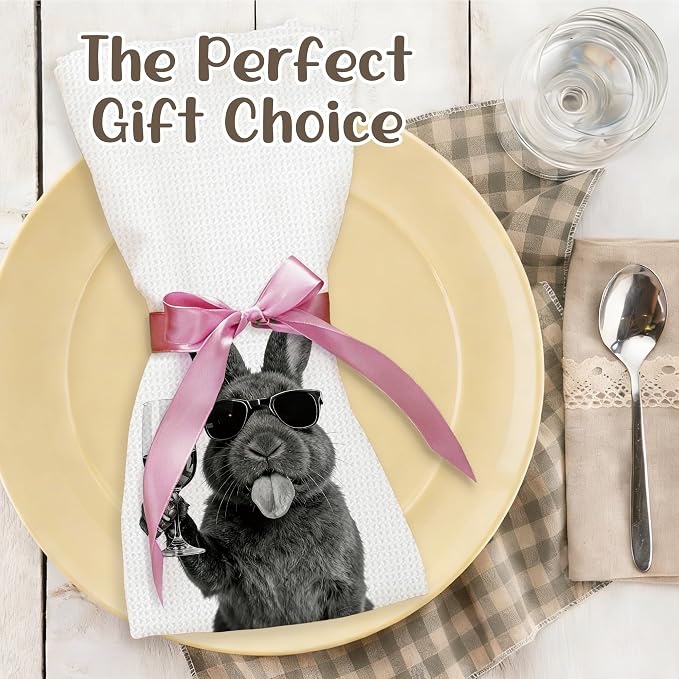Funny Easter Bunny Wine Coffee Kitchen Towels, Bunny Lovers Gifts Decorative Hand Towels for Kitchen Decor, Rabbit Drink Wine Coffee Dish Tea Towel for Home Bar, 16x24 Inch Set of 2