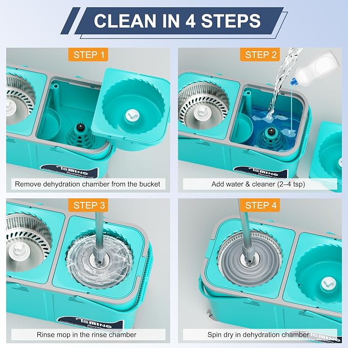 RinseWise Gen 1 Compact Mop Bucket and Gen 2 Easy-Use Spin Mop,with 360 ° Swivel Wheels for Home & Kitchen Cleaning