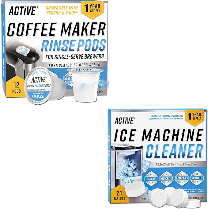 ACTIVE K-Cup Compatible Cleaning Pods and Ice Machine Cleaner - Includes 12pk Keurig Compatible Cleaner Pods and 24ct Ice Maker Cleaner Tablets