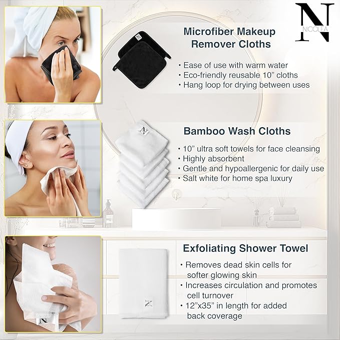 NICOLEA 100% Organic Bamboo Facial Cloths & Skincare Set - 8 Piece Luxury System: 5 Bamboo Viscose Facial Towels, 2 Microfiber Makeup Remover Cloths & 36” Exfoliating Shower Towel – Premium Skincare