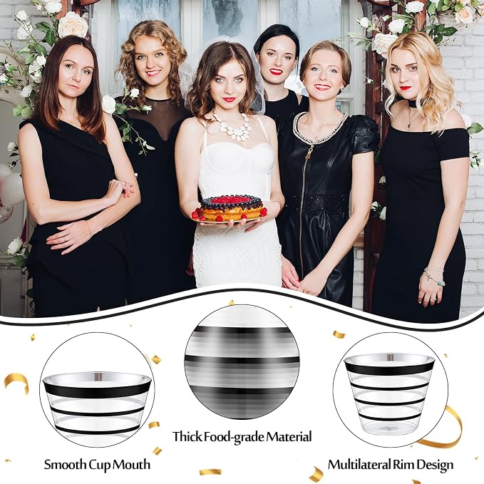 Gejoy 9 oz 50 Pcs Black Rimmed Stripe Plastic Cups Bulk Disposable Wine Hard Plastic Drinking Cocktail Cups Tumblers for Wedding Gathering Party Supplies(Black)