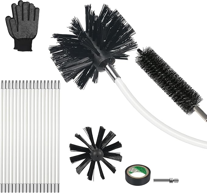 21FT Chimney Brush Kit, Multi-Purpose Dryer Vent Cleaning Brush Kit with 4" Brush Head, Professional Lint Cleaning Accessories for Chimneys, Ducts, Dryers, Crevices