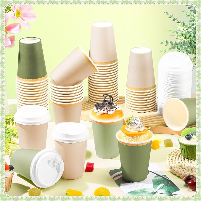 Willinglong 60 Pcs Sage Green Disposable Paper Cups with Lids 12oz Sage Green Coffee Cups with Golden Lace Drinkware for Birthday Baby Shower Bride Holiday Tea Party Business Events DIY Supplies